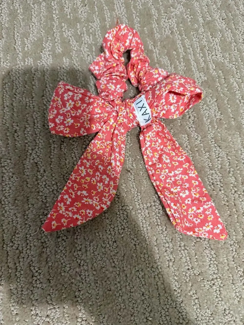 Kaxi Coral Pink Floral Print Bow Scrunchie